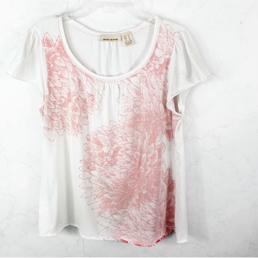 DKNY White and Pink Floral Short Sleeve Top